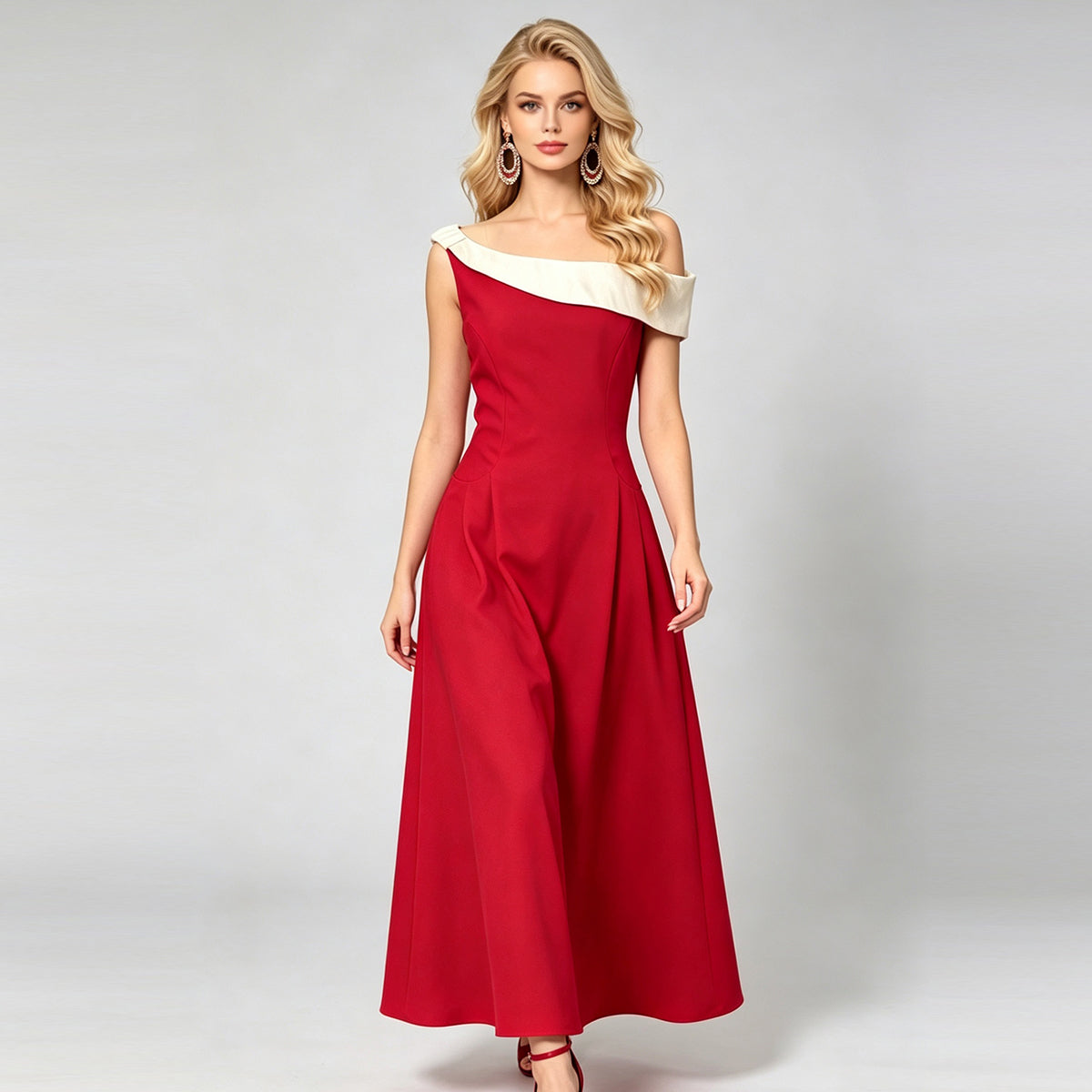 French Hepburn Style Off-Shoulder Color-Blocked Slim-Fit Maxi Dress