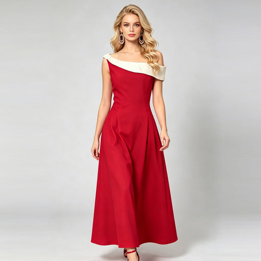 French Hepburn Style Off-Shoulder Color-Blocked Slim-Fit Maxi Dress