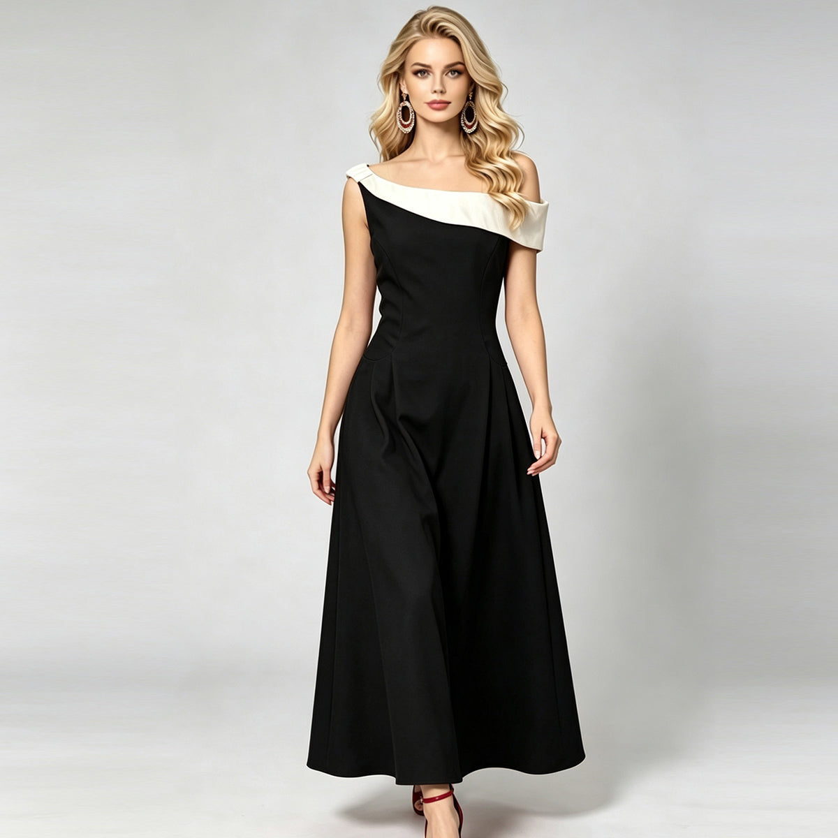 French Hepburn Style Off-Shoulder Color-Blocked Slim-Fit Maxi Dress