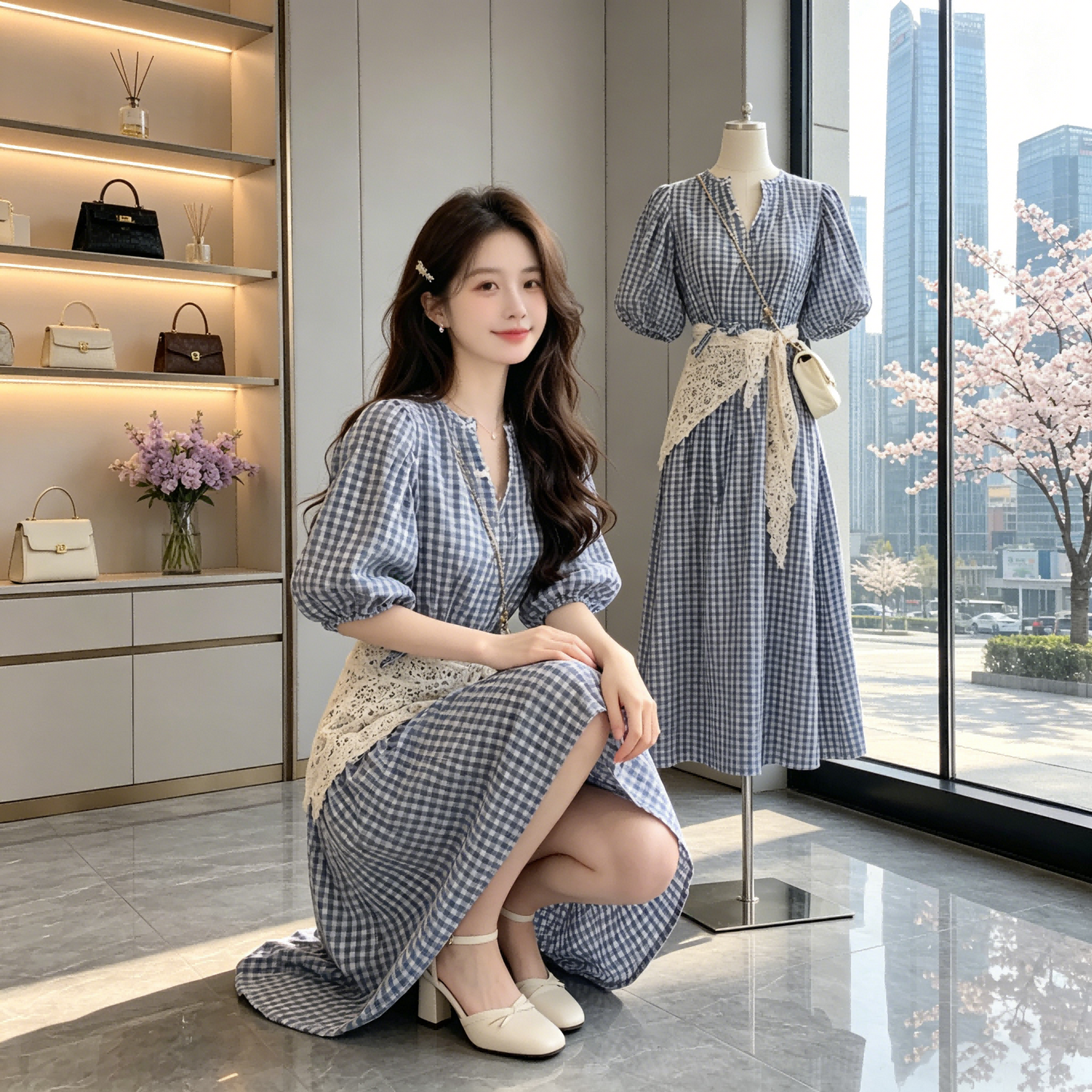French Retro Blue Gingham Puff Sleeve Dress-V-neck A-Line Midi Dress With Lace Belt