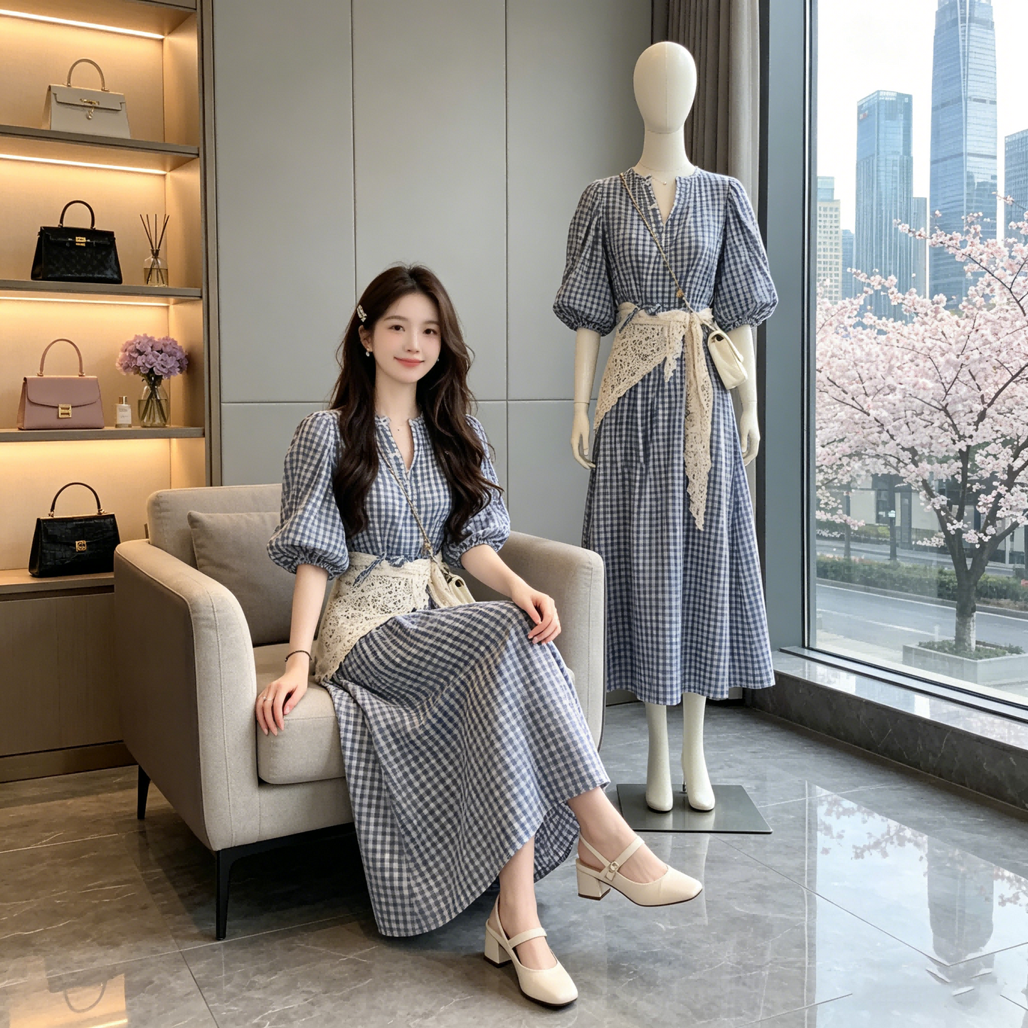 French Retro Blue Gingham Puff Sleeve Dress-V-neck A-Line Midi Dress With Lace Belt