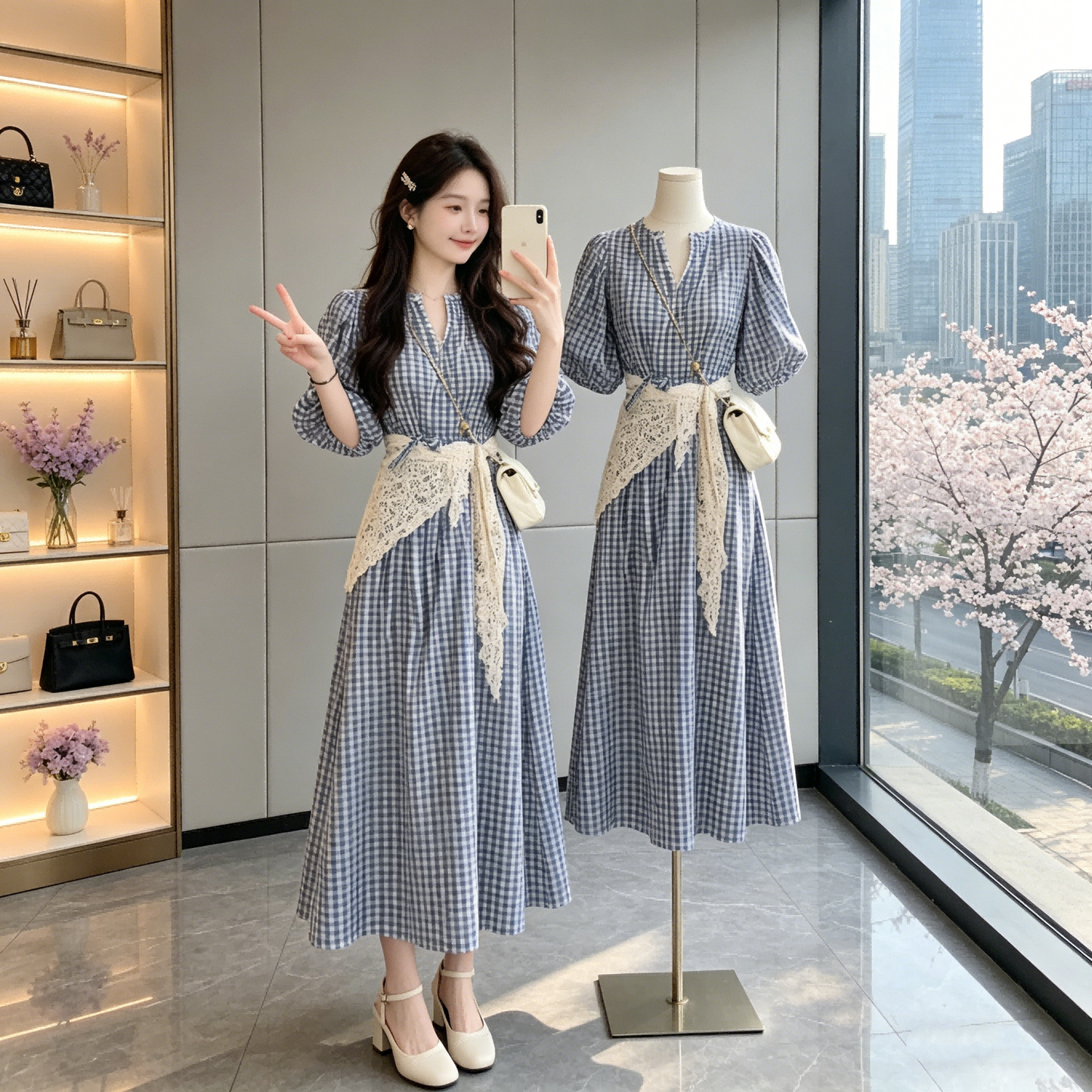 French Retro Blue Gingham Puff Sleeve Dress-V-neck A-Line Midi Dress With Lace Belt