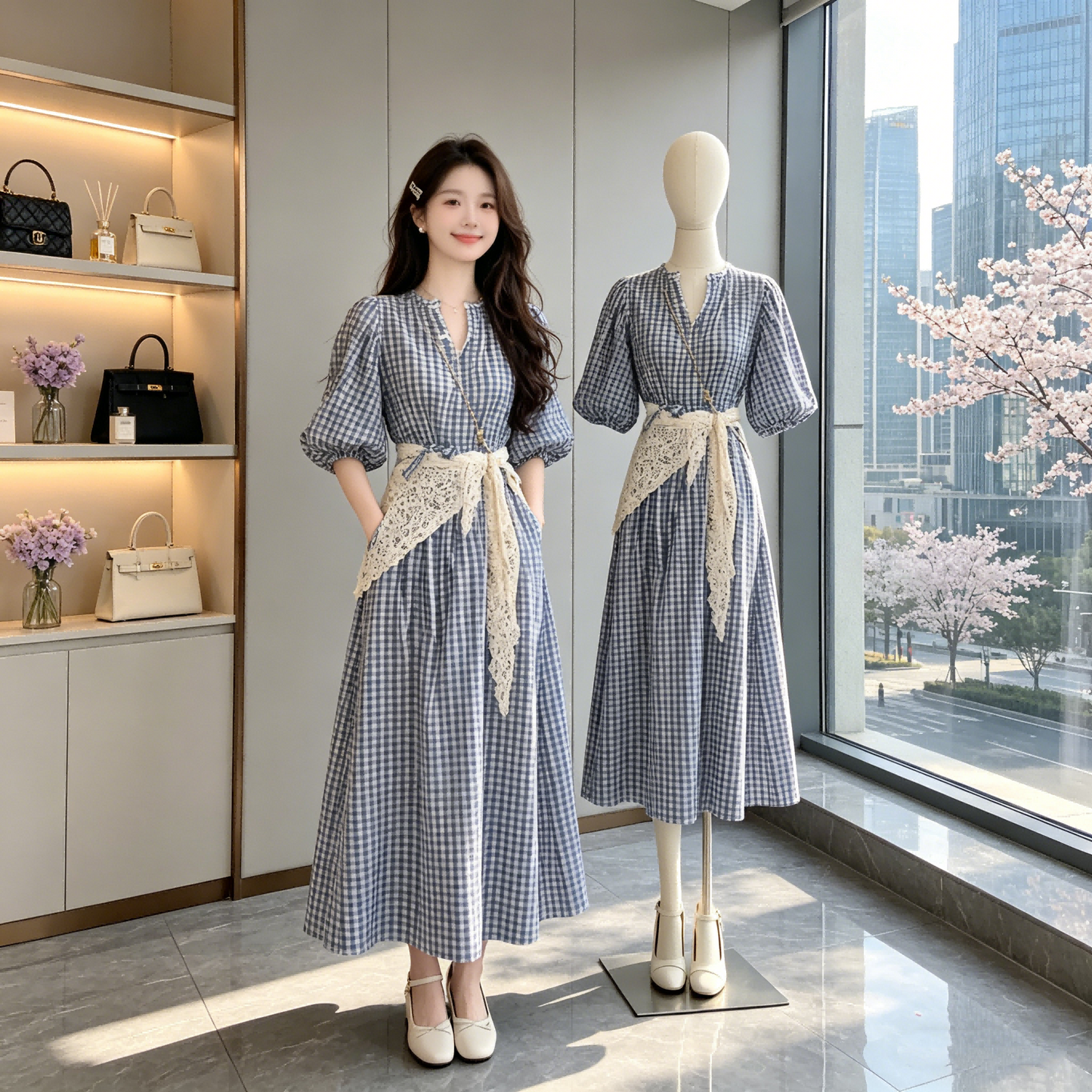 French Retro Blue Gingham Puff Sleeve Dress-V-neck A-Line Midi Dress With Lace Belt
