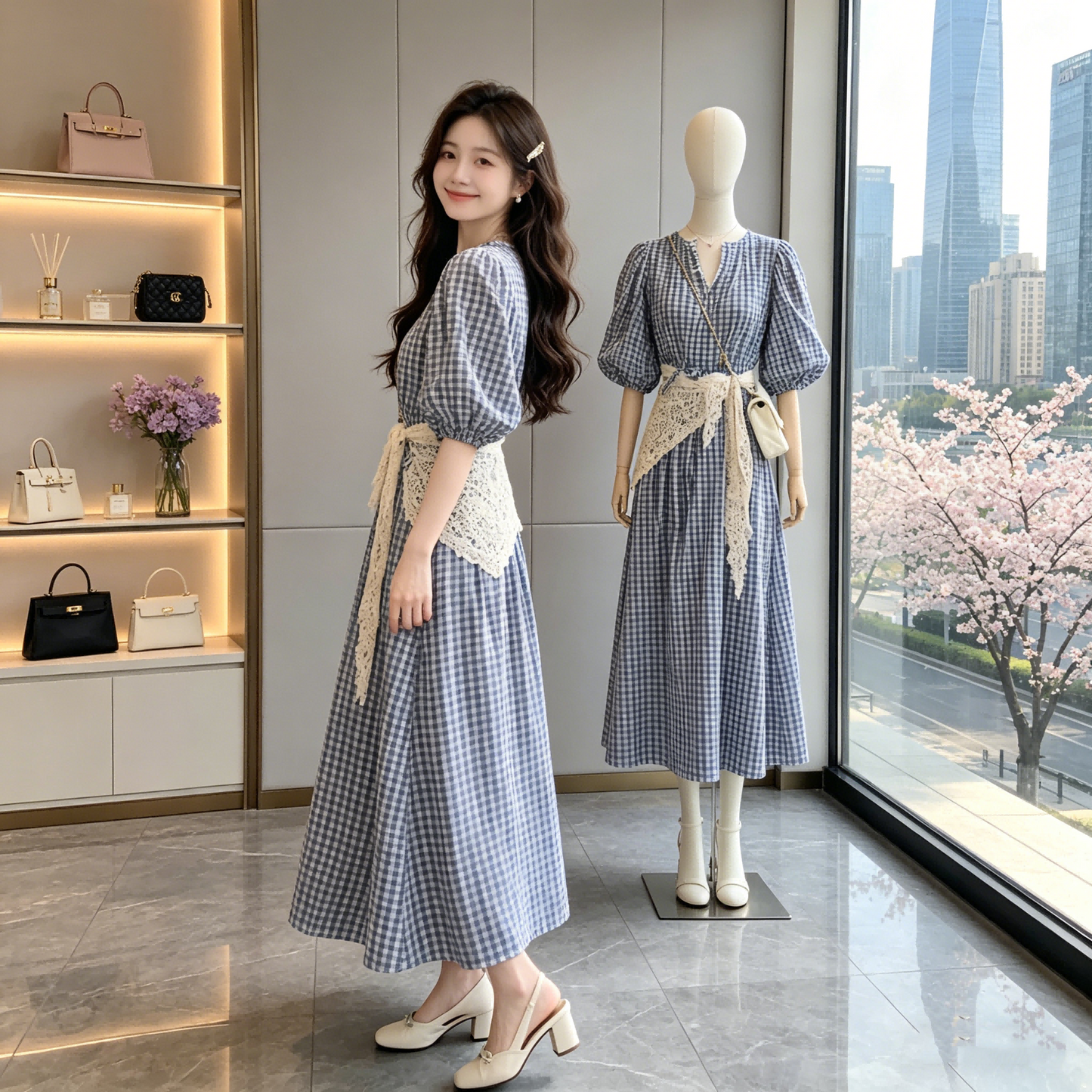 French Retro Blue Gingham Puff Sleeve Dress-V-neck A-Line Midi Dress With Lace Belt