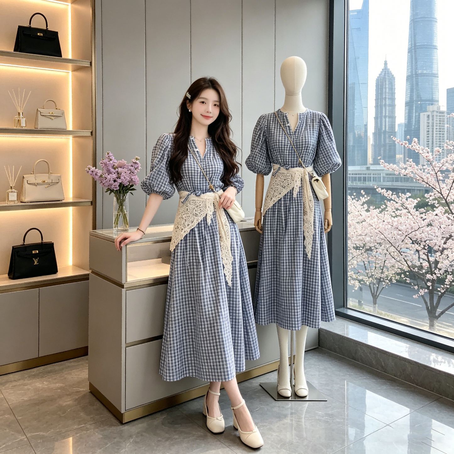 French Retro Blue Gingham Puff Sleeve Dress-V-neck A-Line Midi Dress With Lace Belt
