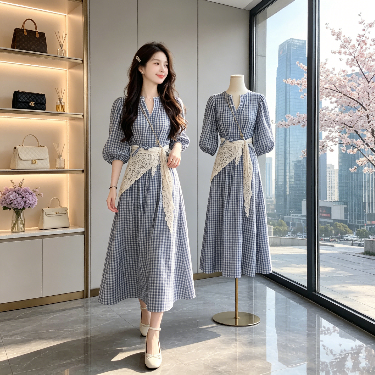 French Retro Blue Gingham Puff Sleeve Dress-V-neck A-Line Midi Dress With Lace Belt