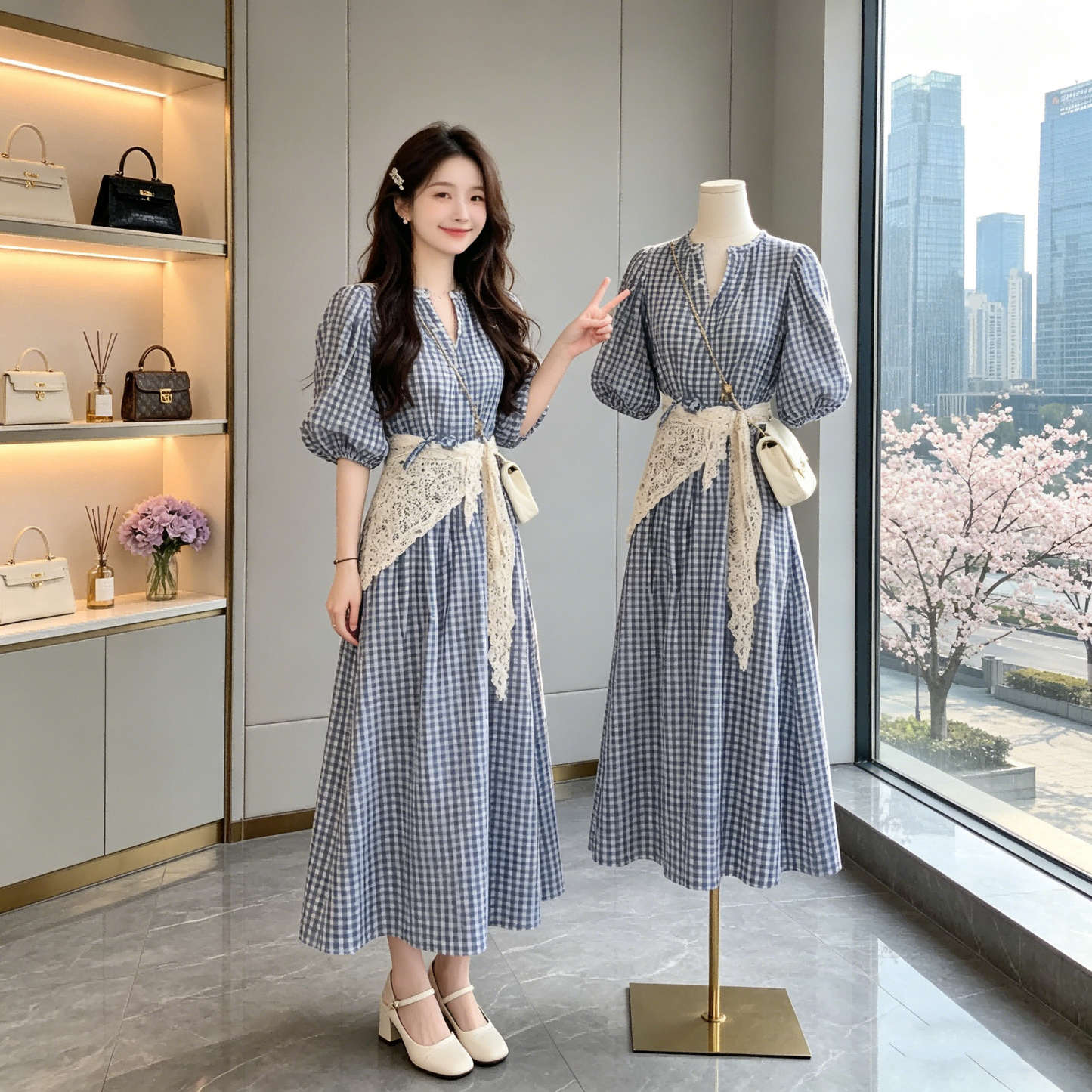 French Retro Blue Gingham Puff Sleeve Dress-V-neck A-Line Midi Dress With Lace Belt