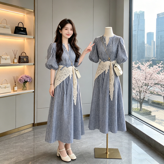 French Retro Blue Gingham Puff Sleeve Dress-V-neck A-Line Midi Dress With Lace Belt