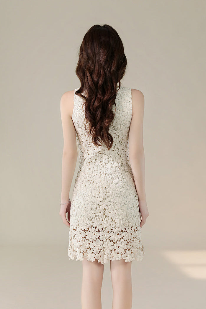 French Retro Sleeveless Floral Lace Dress