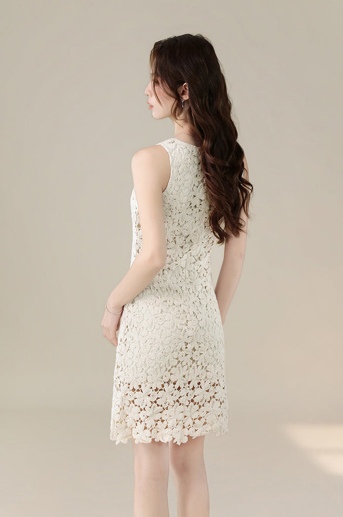 French Retro Sleeveless Floral Lace Dress