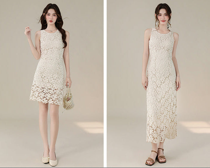 French Retro Sleeveless Floral Lace Dress
