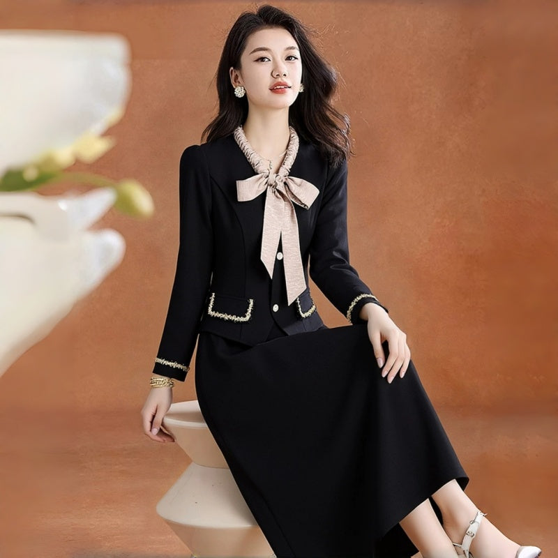 French Style Black Long Sleeve Blazer-Style Midi Dress with Bow Collar