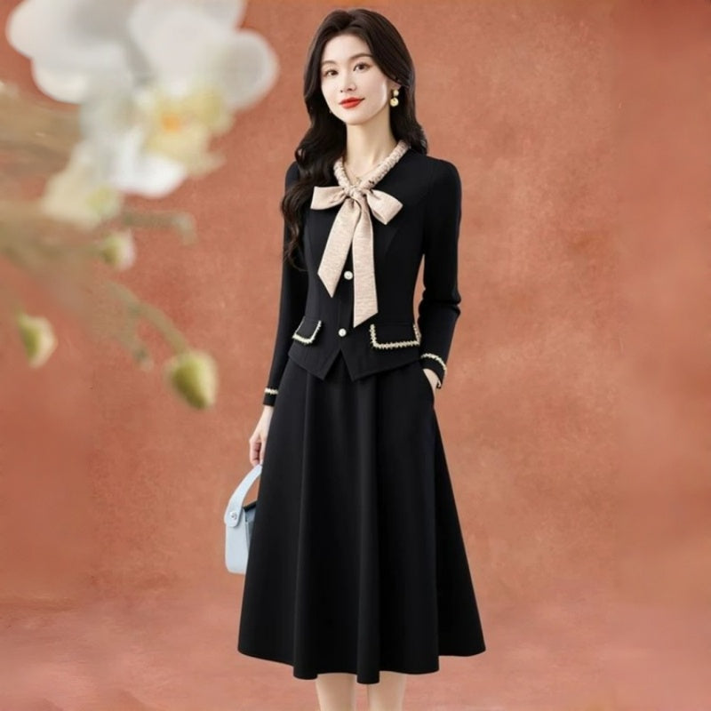French Style Black Long Sleeve Blazer-Style Midi Dress with Bow Collar
