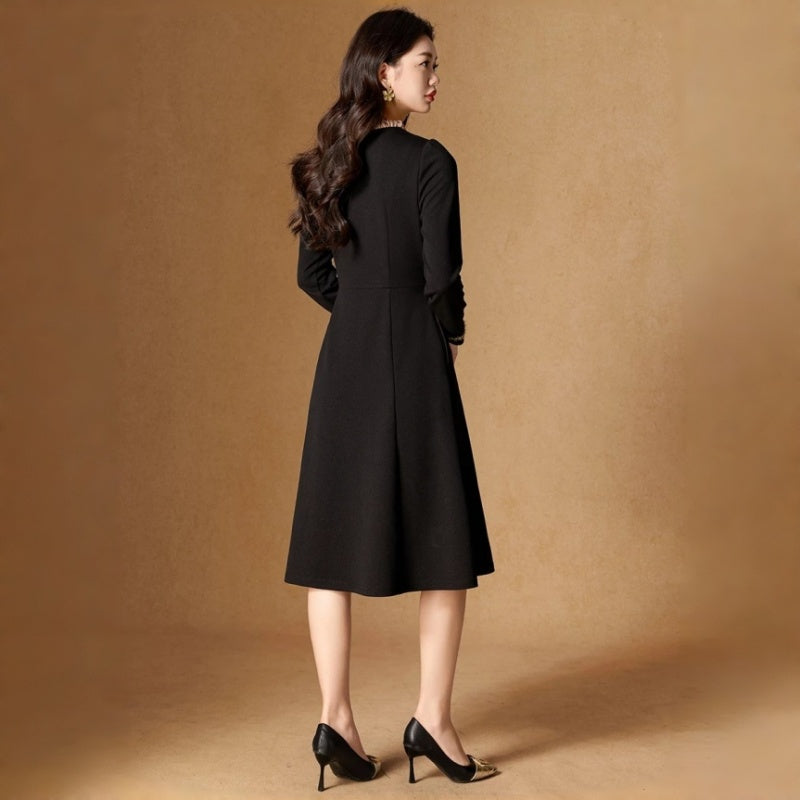 French Style Black Long Sleeve Blazer-Style Midi Dress with Bow Collar