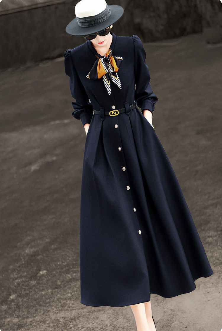 French Style Navy Dress With Neck Scarf
