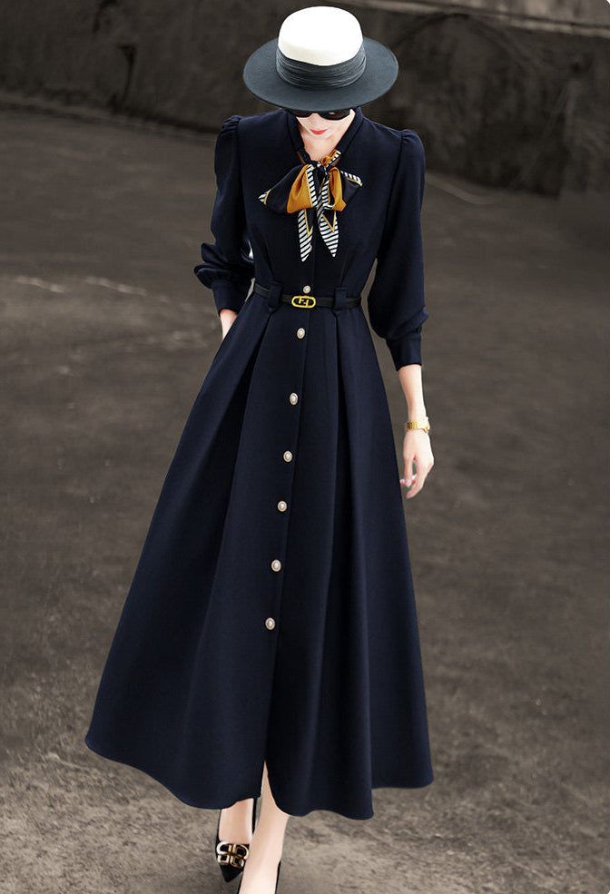 French Style Navy Dress With Neck Scarf