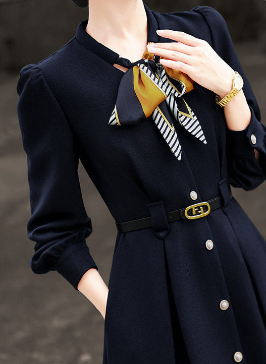 French Style Navy Dress With Neck Scarf