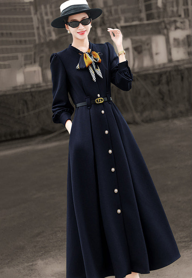 French Style Navy Dress With Neck Scarf