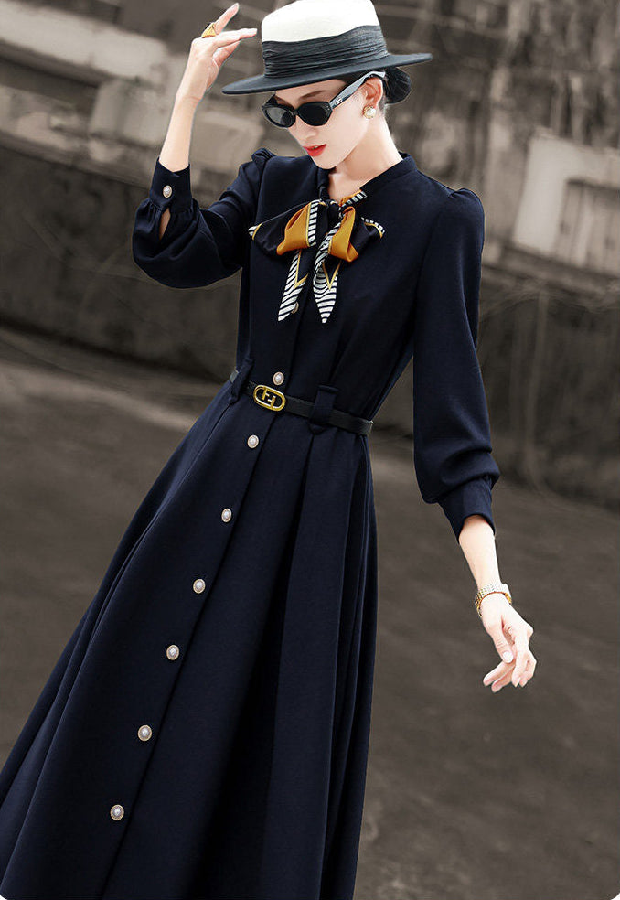 French Style Navy Dress With Neck Scarf