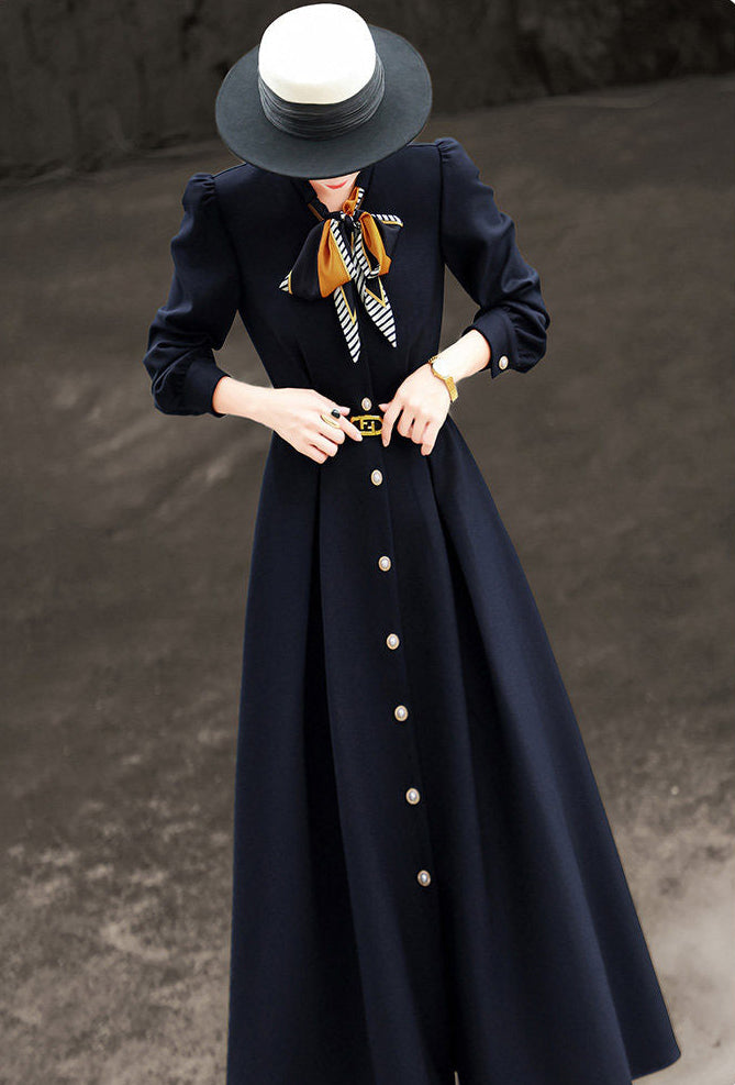 French Style Navy Dress With Neck Scarf