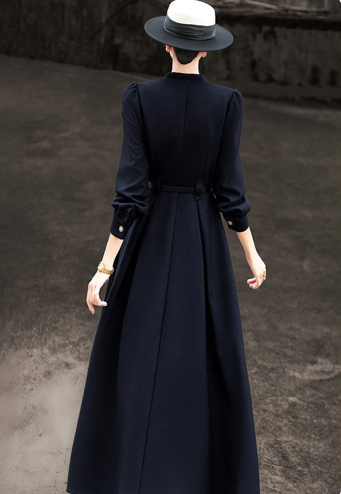 French Style Navy Dress With Neck Scarf