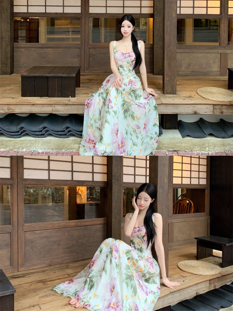 French Style Square Neckline Elegant Fitted Waist Floral Maxi Dress