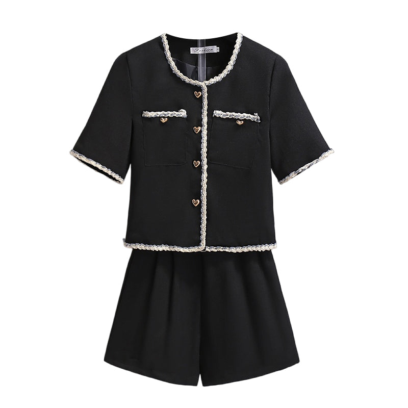 French Vintage Braided Trim Two-Piece Shorts Set | Ivory & Black