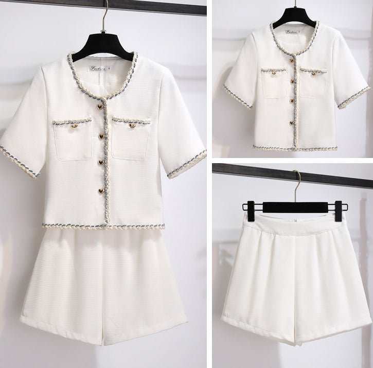 French Vintage Braided Trim Two-Piece Shorts Set | Ivory & Black
