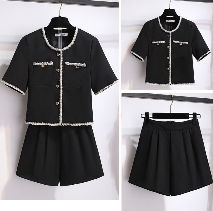French Vintage Braided Trim Two-Piece Shorts Set | Ivory & Black