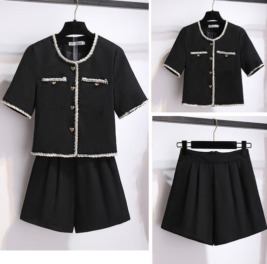 French Vintage Braided Trim Two-Piece Shorts Set | Ivory & Black