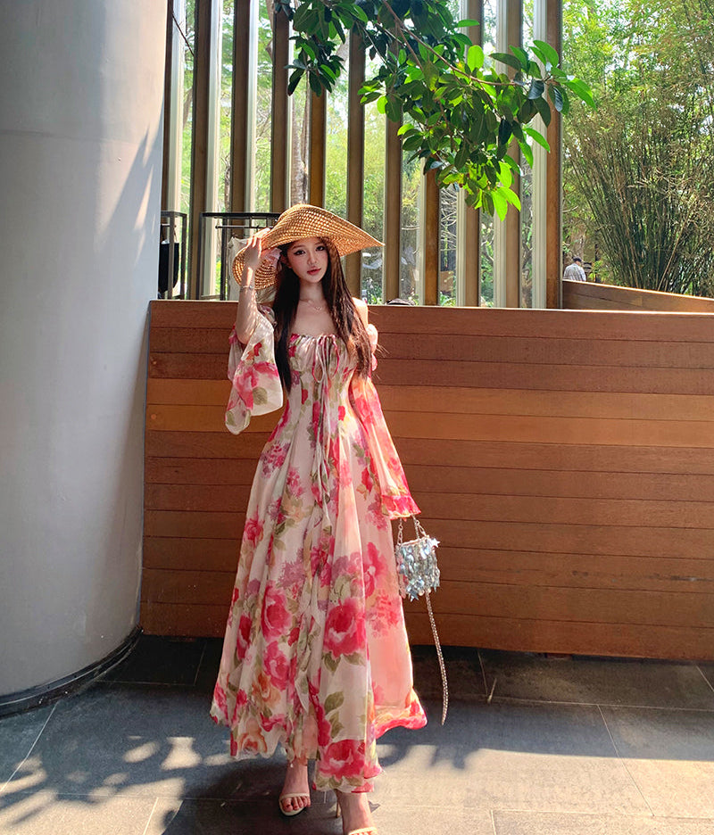 French Vintage Floral Off-Shoulder Maxi Dress – Romantic Chiffon Gown