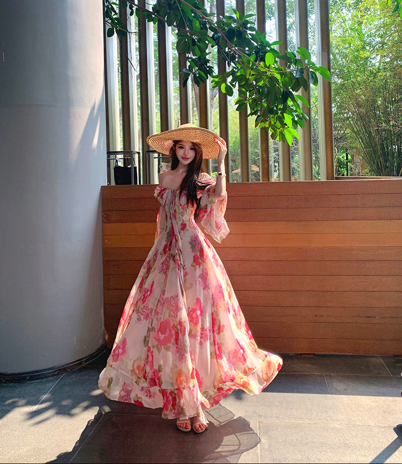 French Vintage Floral Off-Shoulder Maxi Dress – Romantic Chiffon Gown