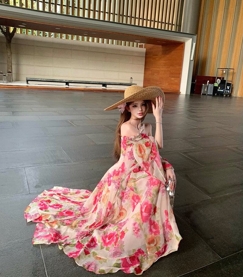 French Vintage Floral Off-Shoulder Maxi Dress – Romantic Chiffon Gown