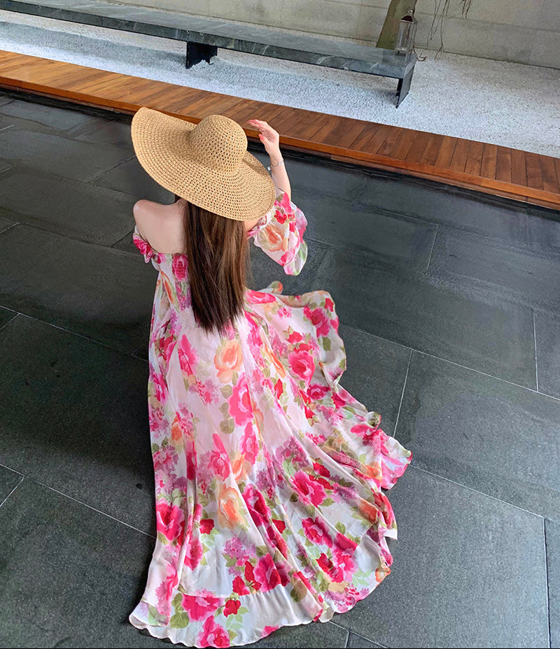 French Vintage Floral Off-Shoulder Maxi Dress – Romantic Chiffon Gown