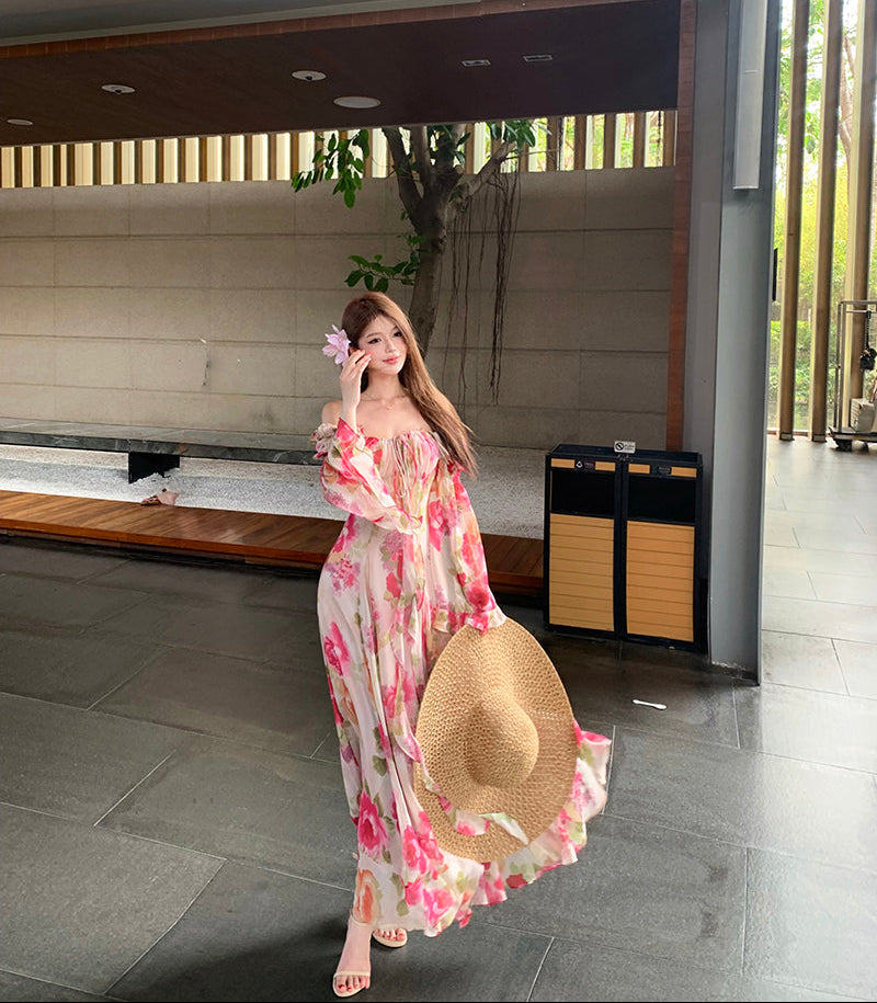 French Vintage Floral Off-Shoulder Maxi Dress – Romantic Chiffon Gown