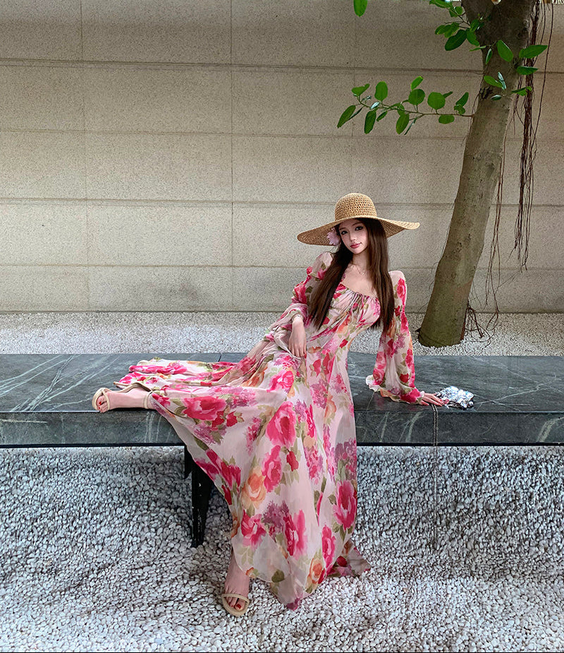French Vintage Floral Off-Shoulder Maxi Dress – Romantic Chiffon Gown