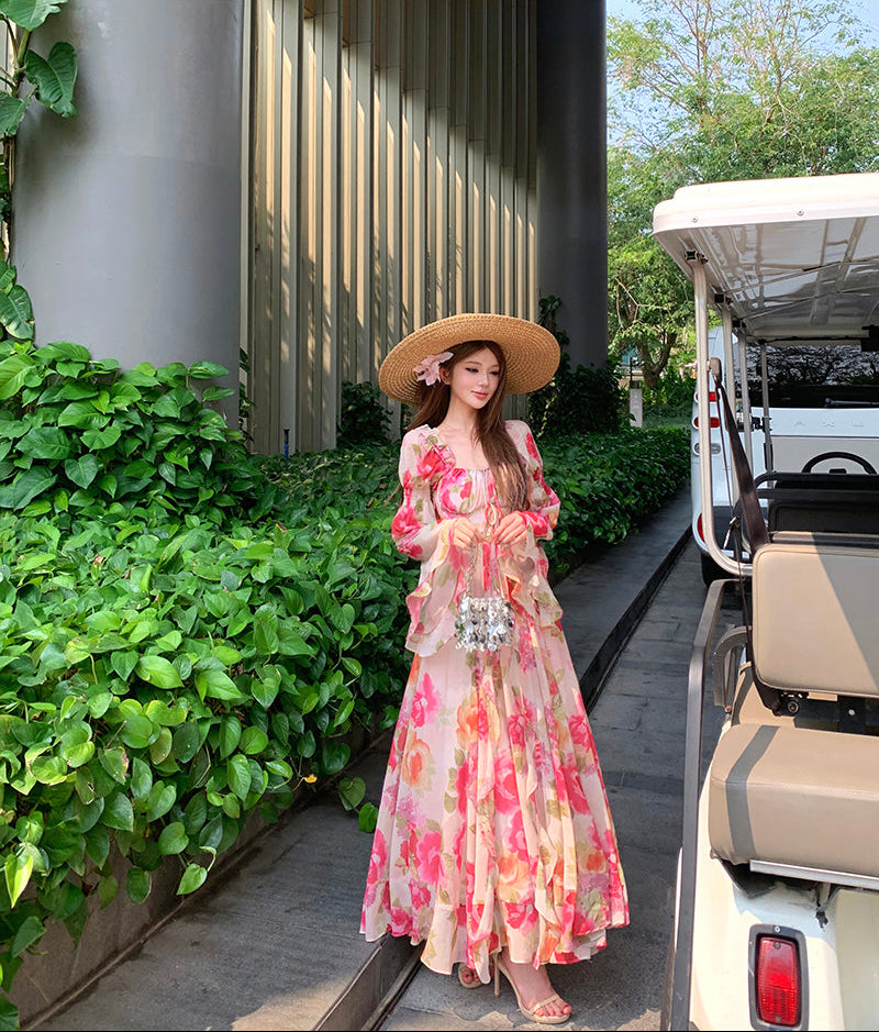 French Vintage Floral Off-Shoulder Maxi Dress – Romantic Chiffon Gown