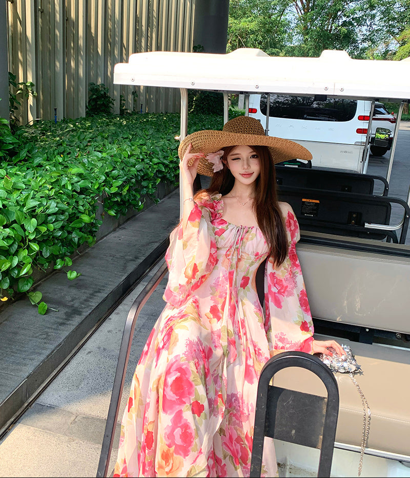 French Vintage Floral Off-Shoulder Maxi Dress – Romantic Chiffon Gown