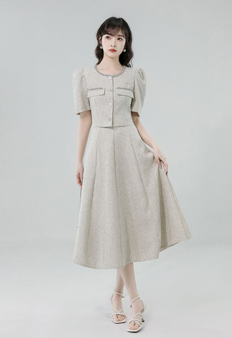 French Vintage Tweed Two-Piece Midi Dress