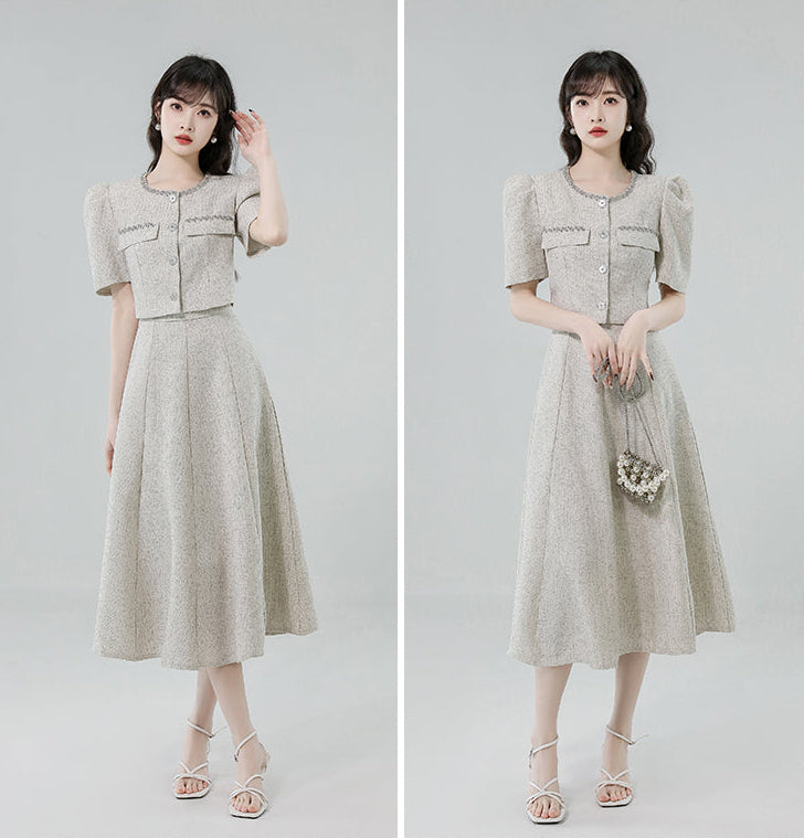 French Vintage Tweed Two-Piece Midi Dress