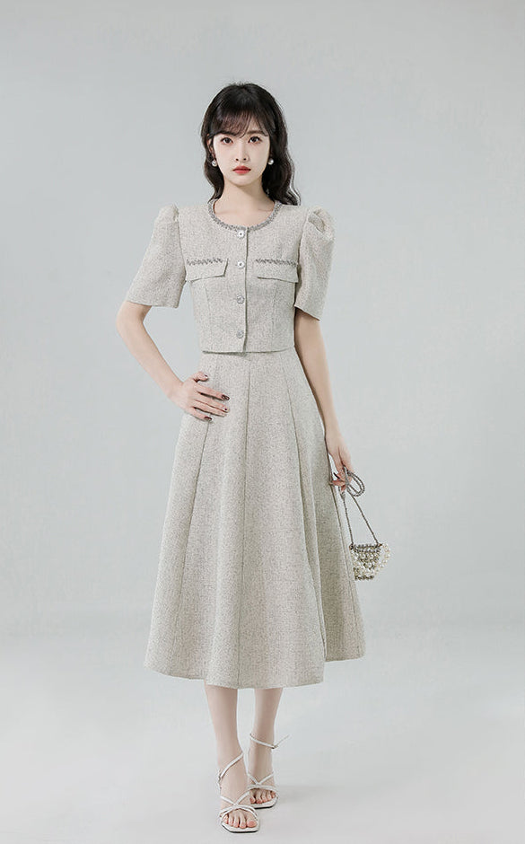 French Vintage Tweed Two-Piece Midi Dress