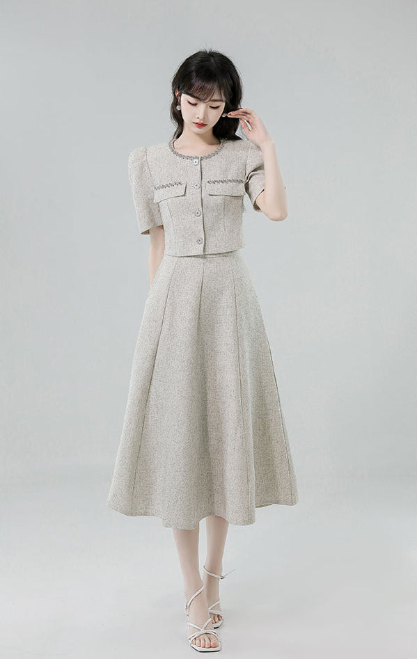 French Vintage Tweed Two-Piece Midi Dress