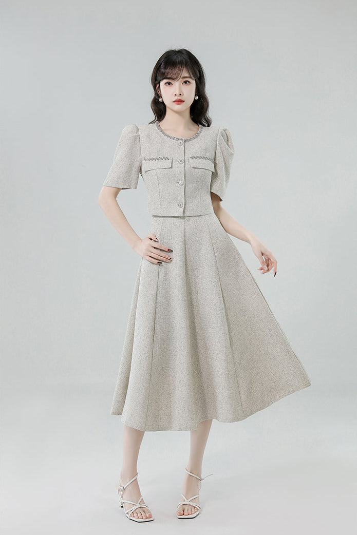 French Vintage Tweed Two-Piece Midi Dress