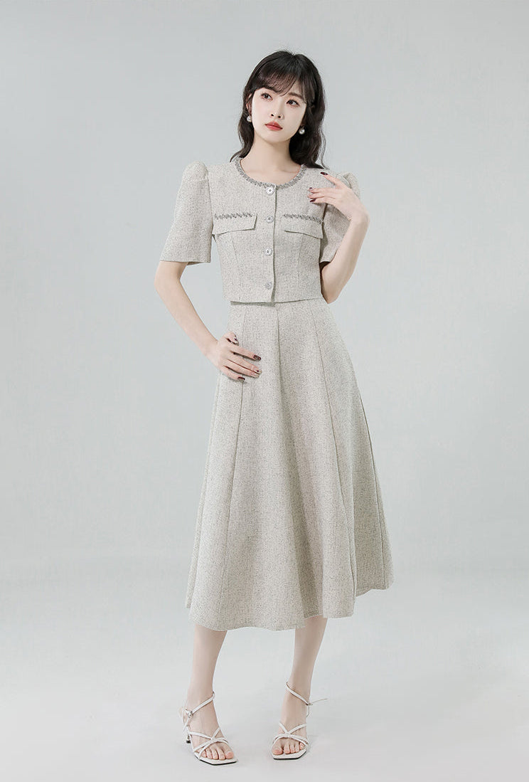French Vintage Tweed Two-Piece Midi Dress
