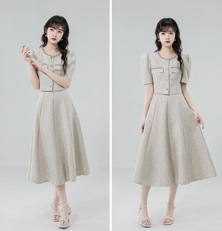 French Vintage Tweed Two-Piece Midi Dress