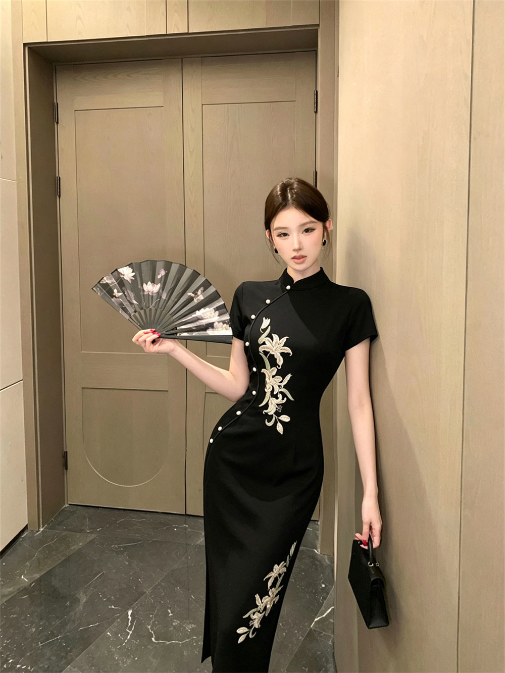 Golden Lily Embroidered Cheongsam Maxi Dress