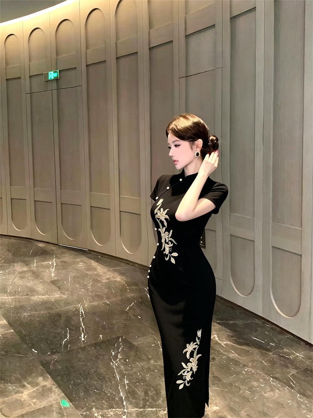 Golden Lily Embroidered Cheongsam Maxi Dress
