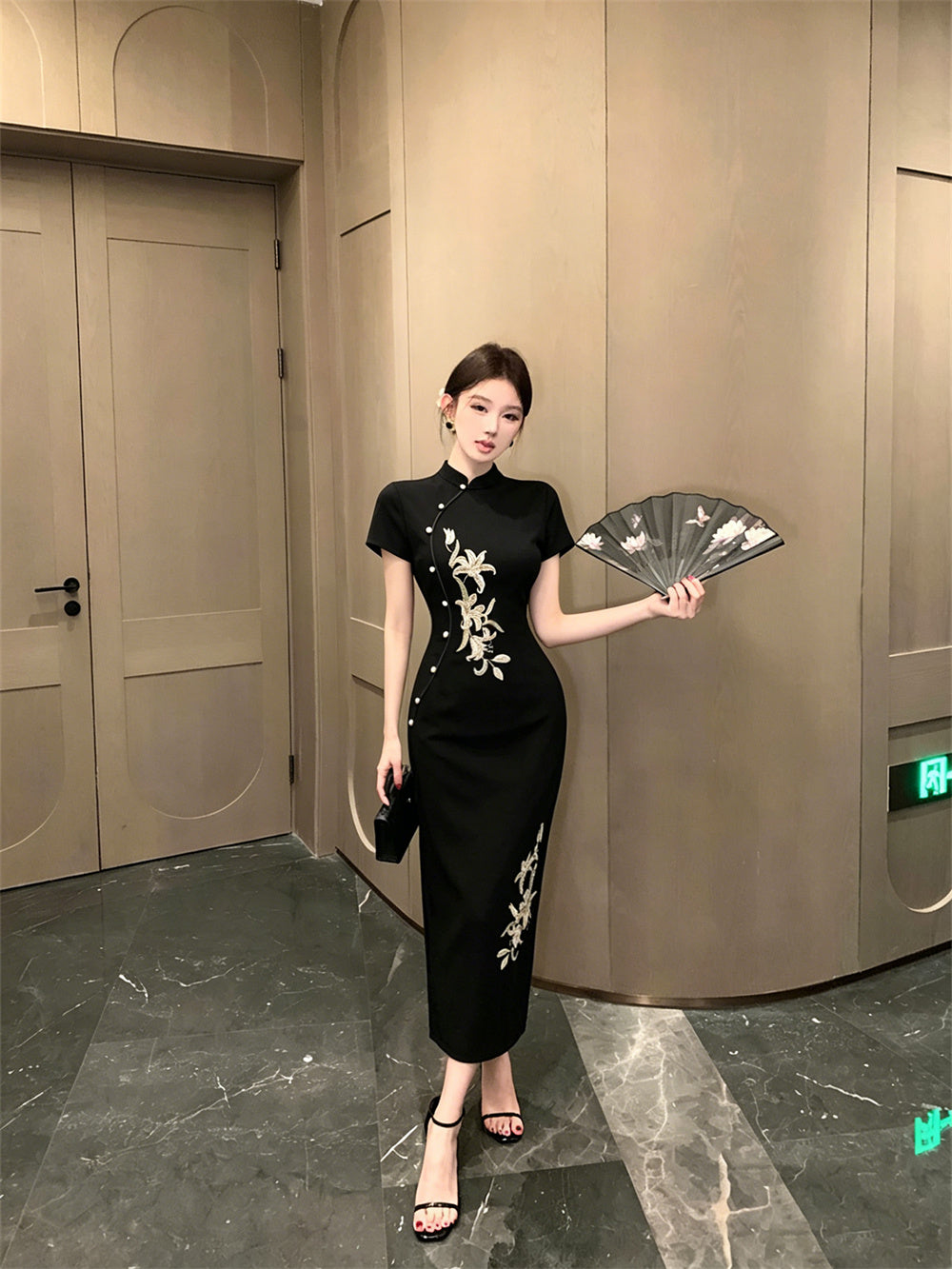 Golden Lily Embroidered Cheongsam Maxi Dress