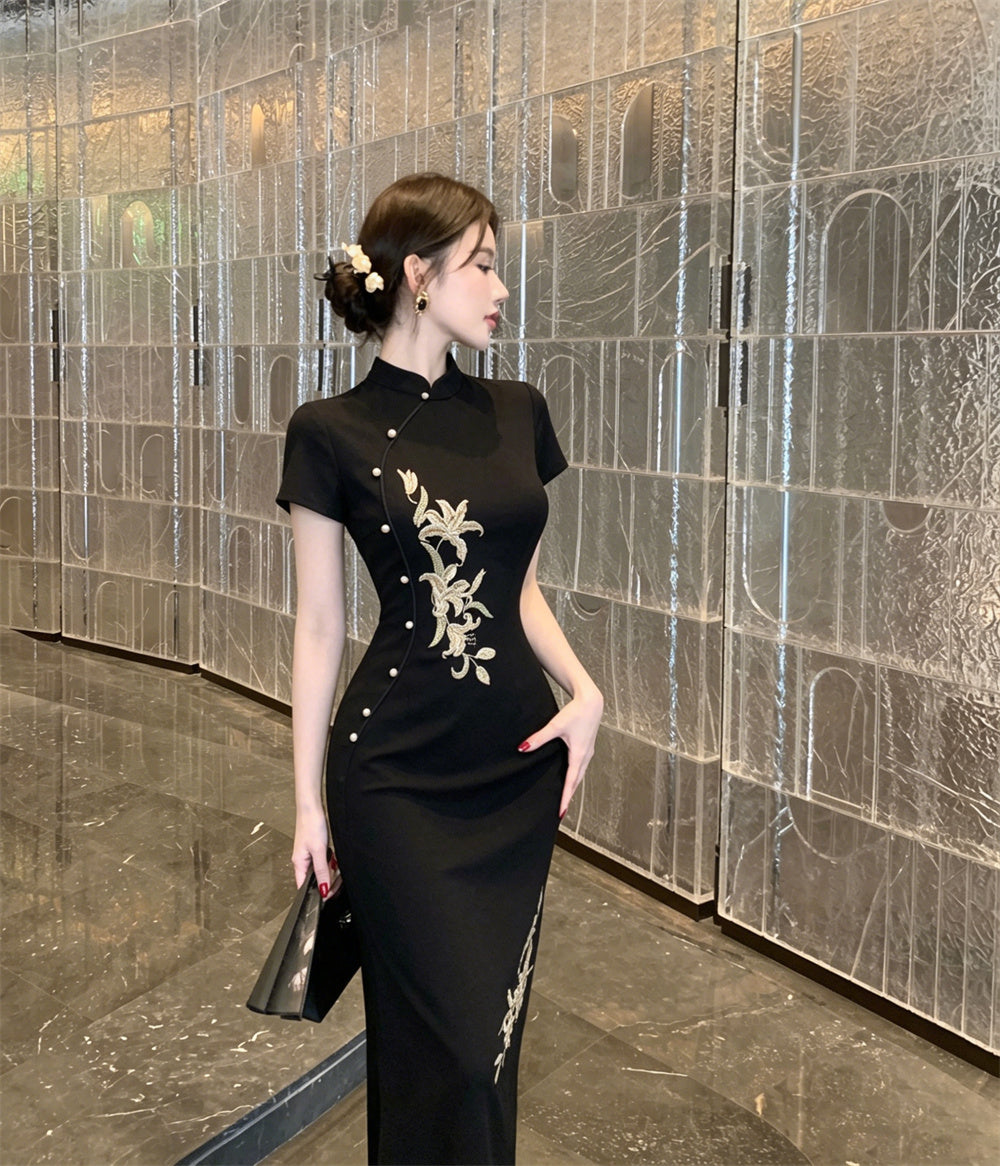 Golden Lily Embroidered Cheongsam Maxi Dress