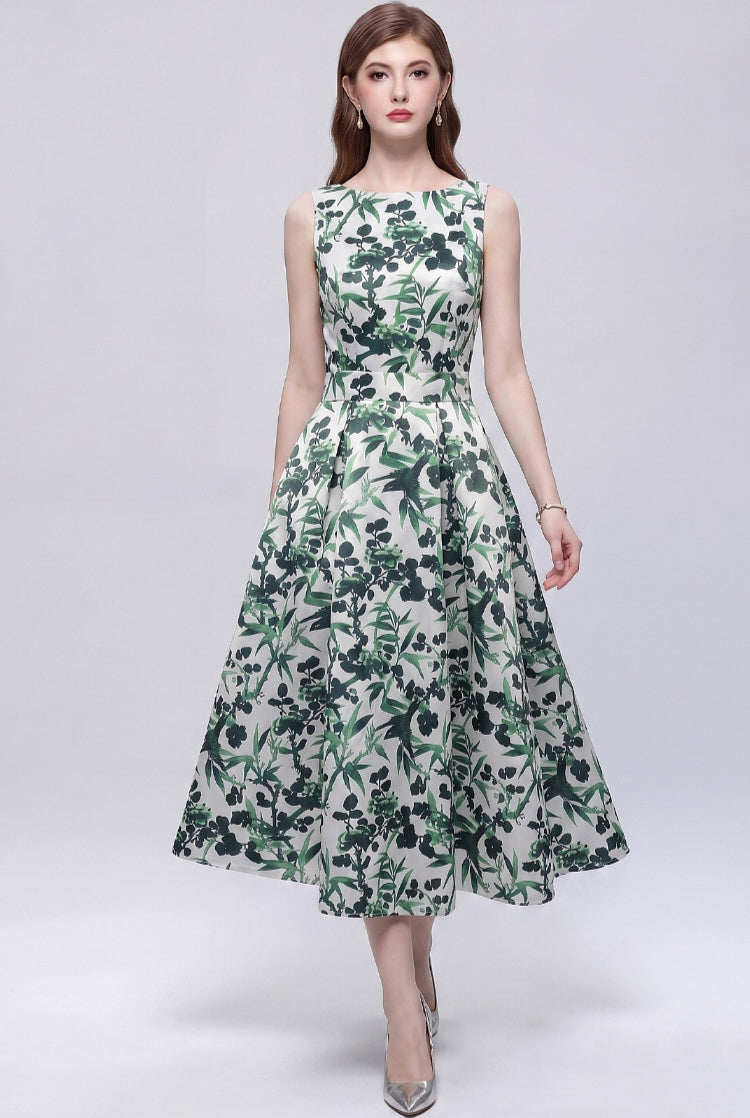 Green Flower Sleeveless printed With A Three-dimensional Cut Dress